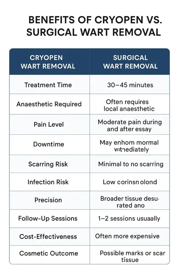 Table showing the benefits of cryopen to remove warts Oakham compared to surgical treatment